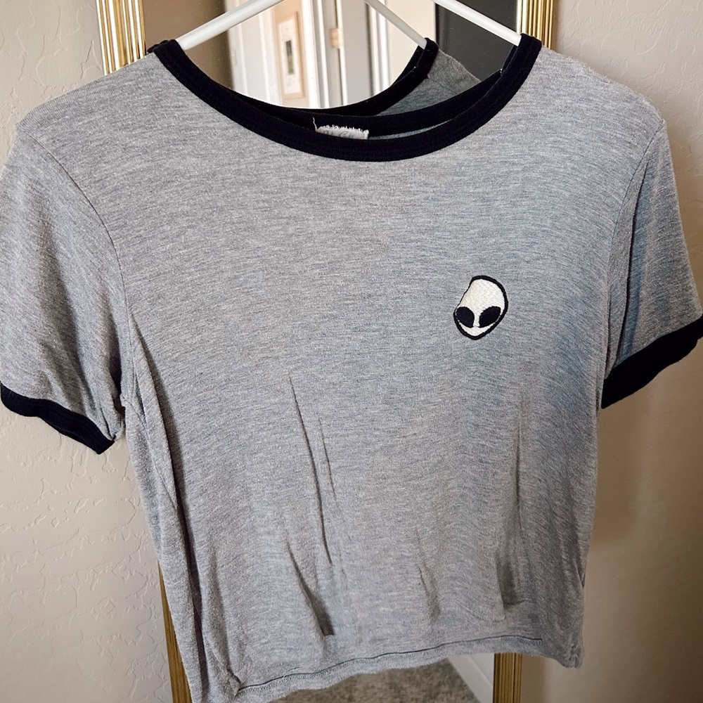 Brandy Melville Grey Pocket Graphic Embroidered T-shirt